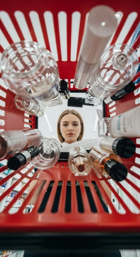 Una ragazza guarda dentro un cestino rosso di cosmetici e profumi