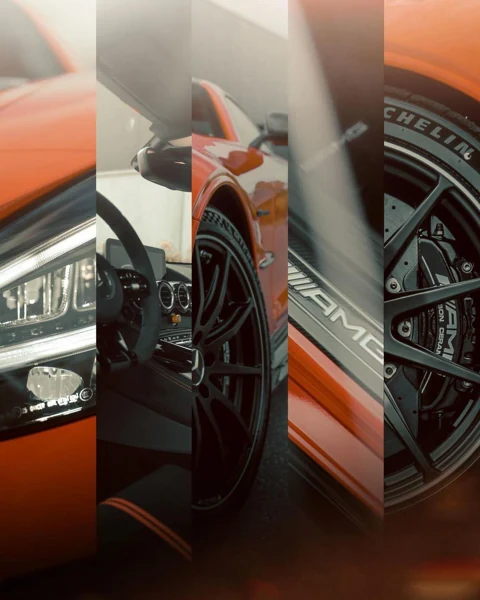 Collage di dettagli di un’auto sportiva arancione