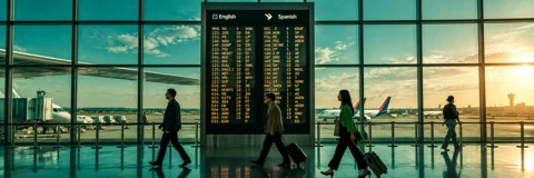 Passeggeri in un terminal aeroportuale, con aerei e cielo serale sullo sfondo